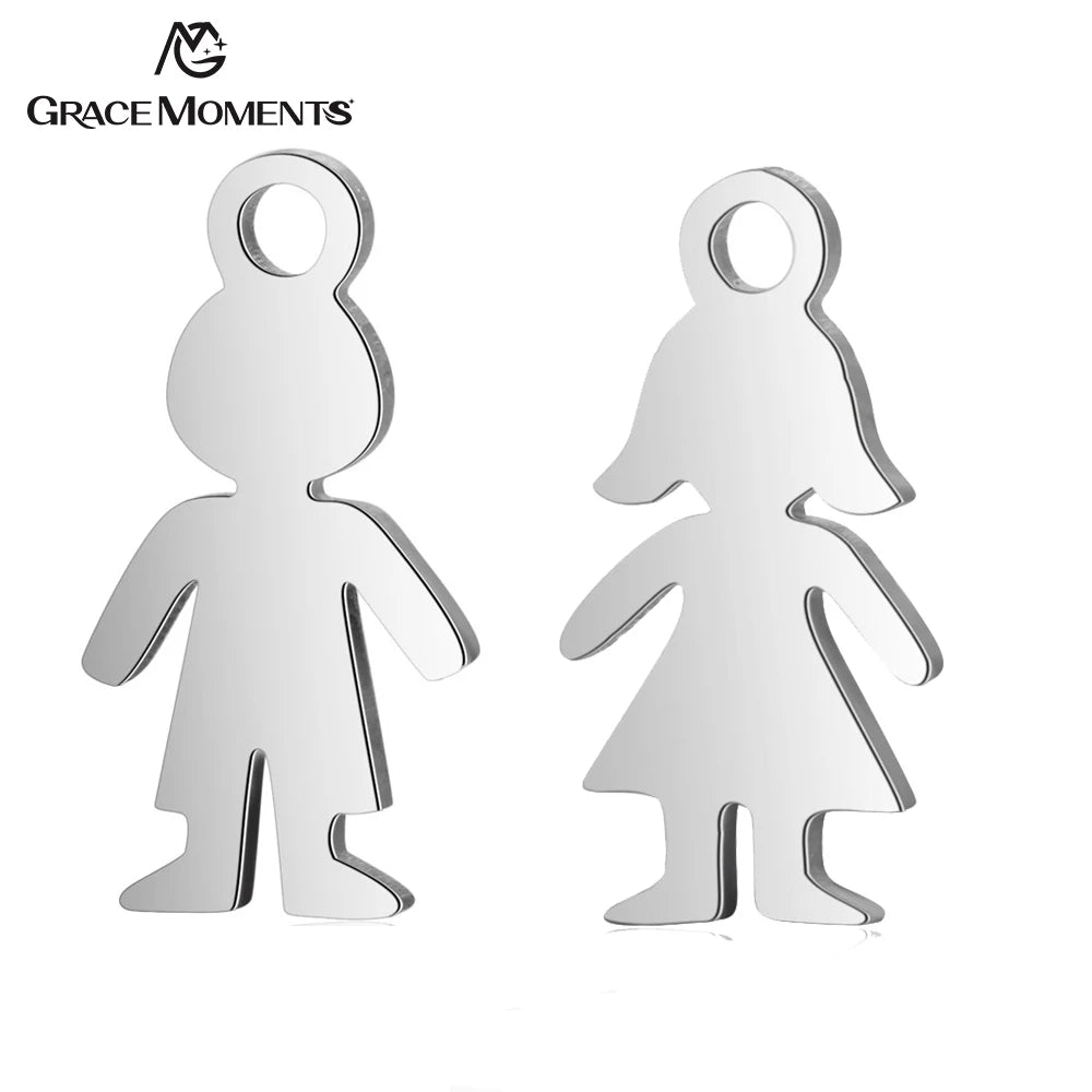 10pcs/Lot Stainless Steel Charms Full Polishing Cute Boy and Girl Pendants for Jewelry Making DIY Accessories