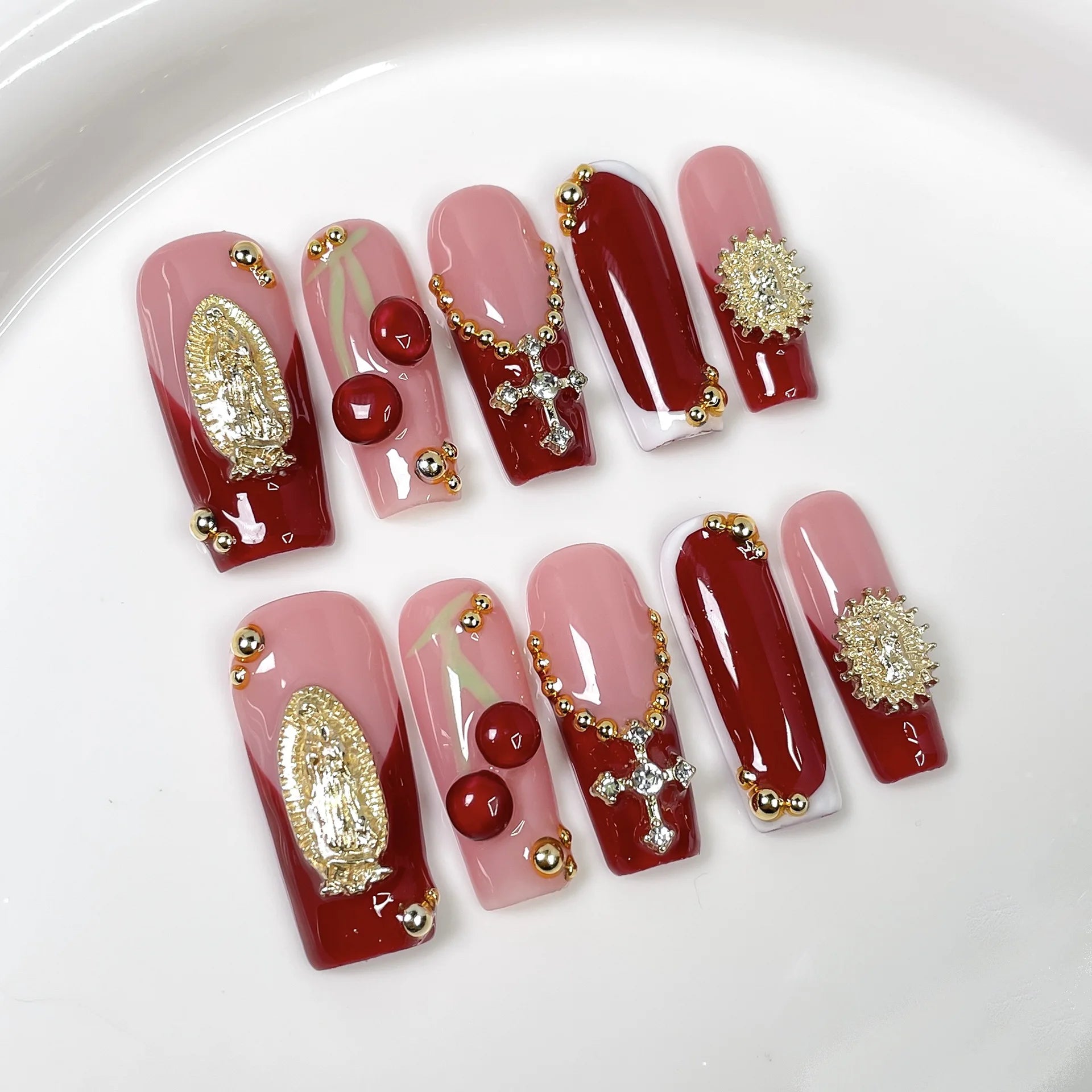 10Pcs 3D Green Flower Handmade Press on Nails French Fake Nails Wearable Stick-on Nails False Nail Uñas