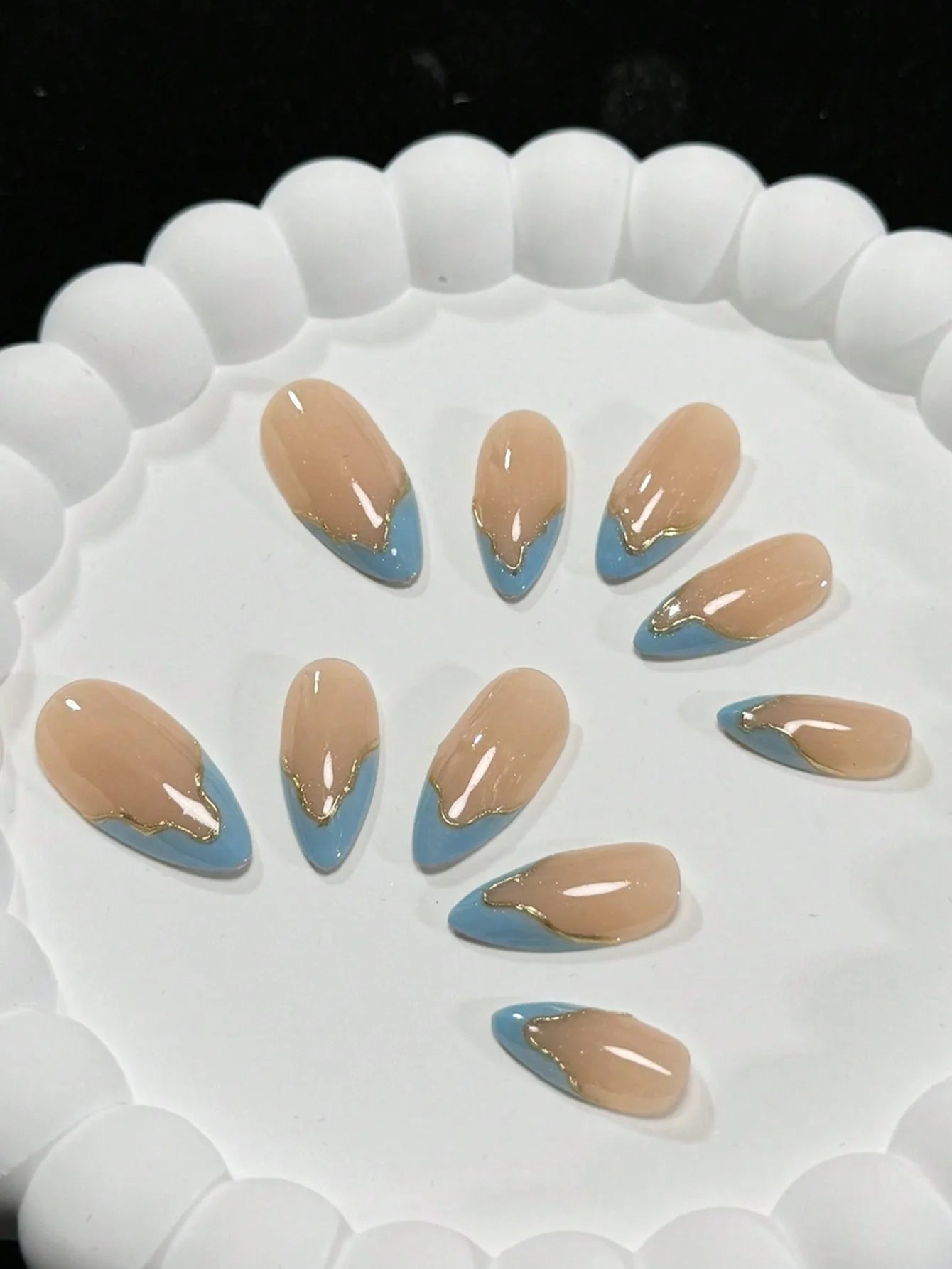 10 Pieces of Handmade Fake Nails with Blue French Tips, Golden Accents, Nude Shade - Minimalist, Stylish and High-End for Daily