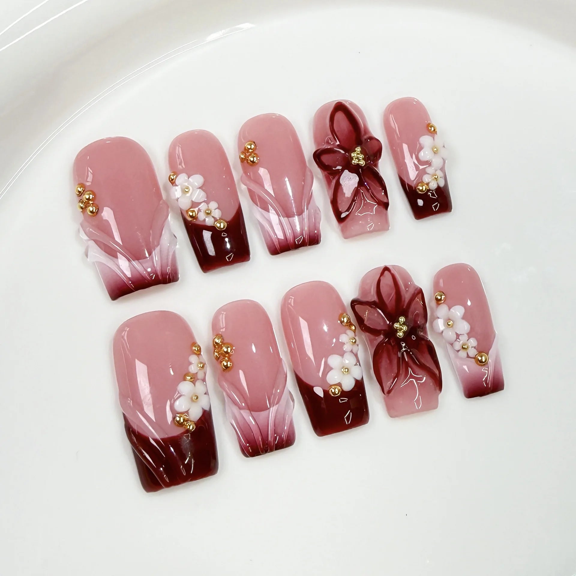 10Pcs 3D Green Flower Handmade Press on Nails French Fake Nails Wearable Stick-on Nails False Nail Uñas