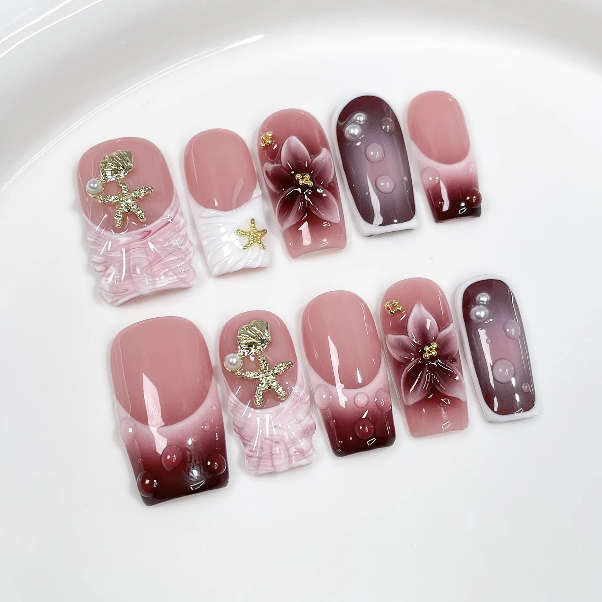 10Pcs 3D Green Flower Handmade Press on Nails French Fake Nails Wearable Stick-on Nails False Nail Uñas