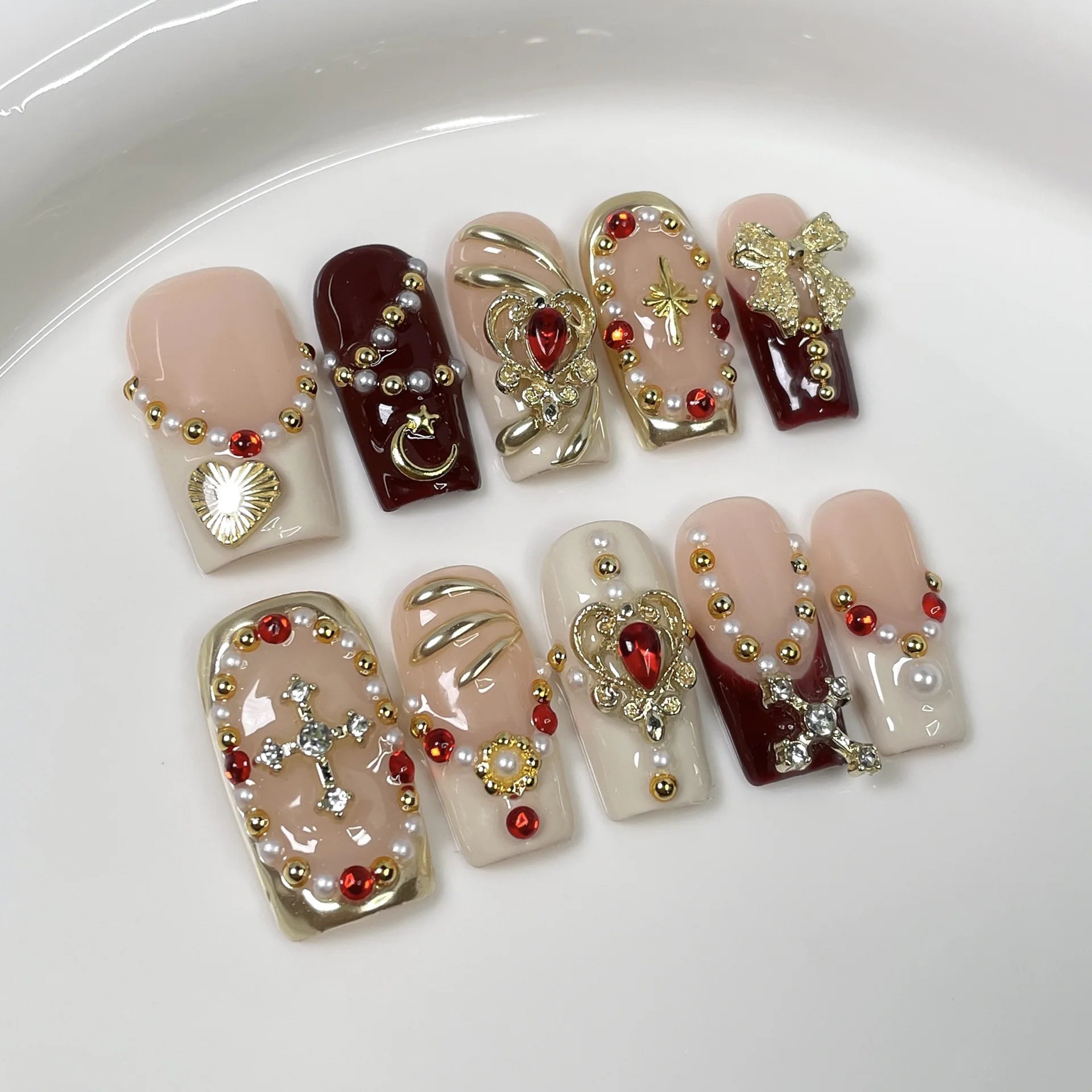 10Pcs 3D Green Flower Handmade Press on Nails French Fake Nails Wearable Stick-on Nails False Nail Uñas