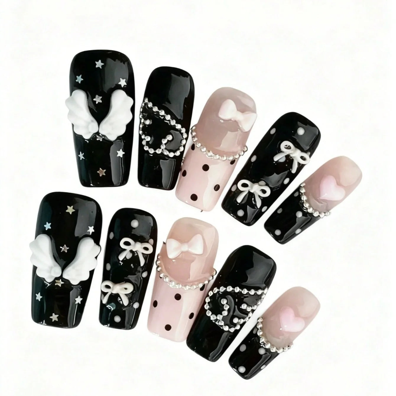 10 pieces of hand-pressed coffin-shaped nails beautiful fake nails, gothic sweet and cool polka dots, suitable for ladies to use