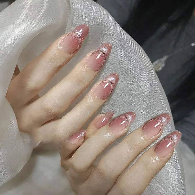 24pcs Pink Flower Almond Press on Nails Kawaii False Nails Wearable Stick-on Nails Fake Nail