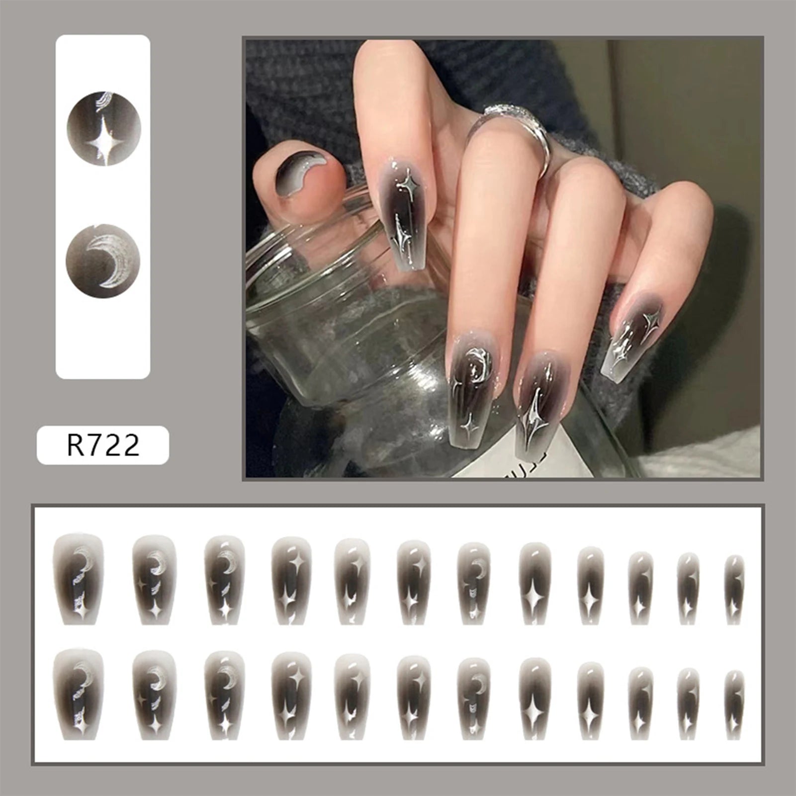 24pcs Y2k Star Press On Nails Gradient Black Mid-length Coffin False Nail Tips Full Cover Moon Designs Fake Nail For Cool Girls