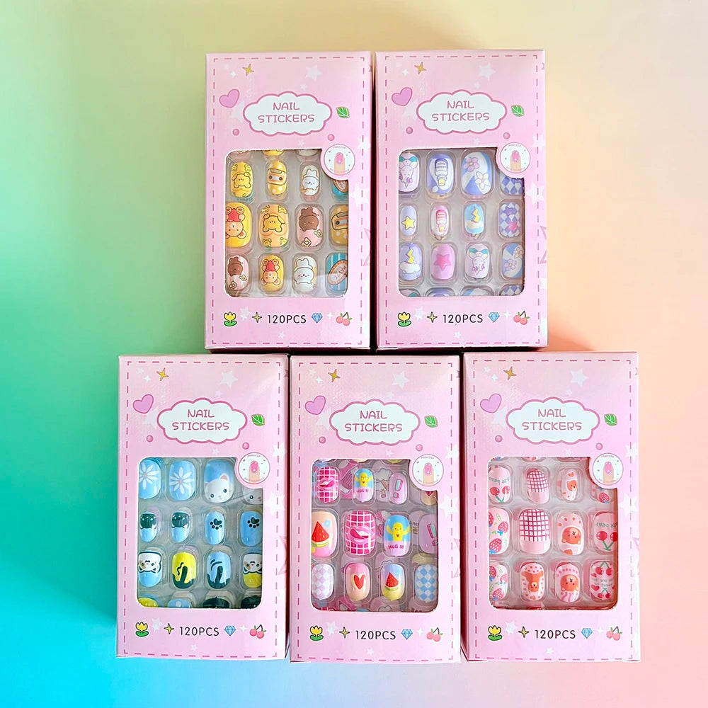 120pcs Cute Cartoon kids Fake Nails Colorful Bunnies/Bows/Fruits/Flowers False Nails Short Square Acrylic Full-Cover Press-On Nails *