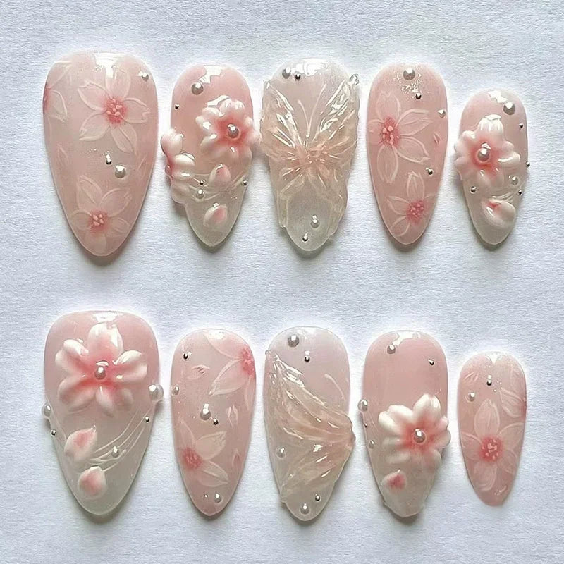 24pcs Pink Flower Almond Press on Nails Kawaii False Nails Wearable Stick-on Nails Fake Nail