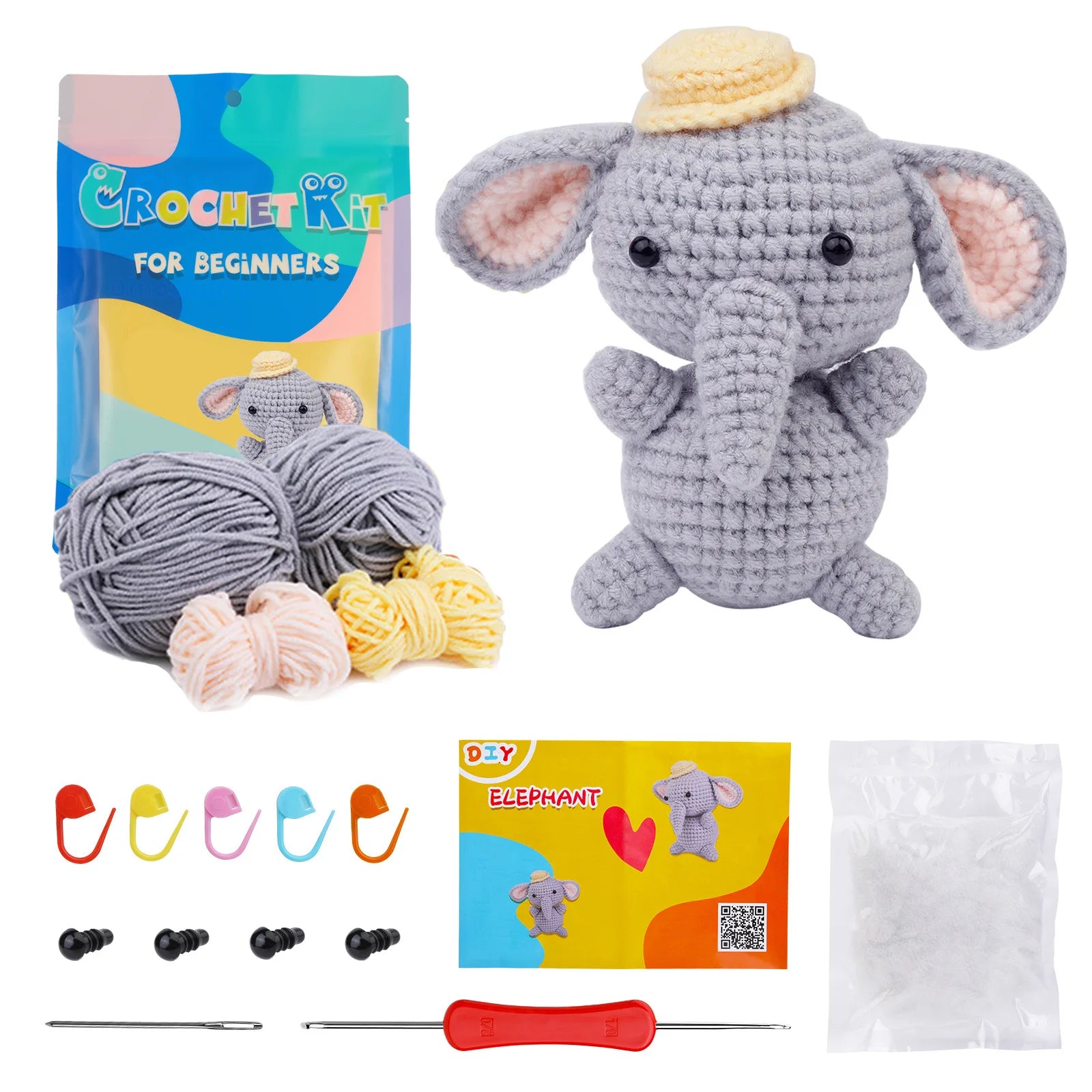 Crochet Animal Kit for Beginners With Video Tutorial Cotton Knitting Yarn Thread Needles Hook Knit Tool Set DIY Craft