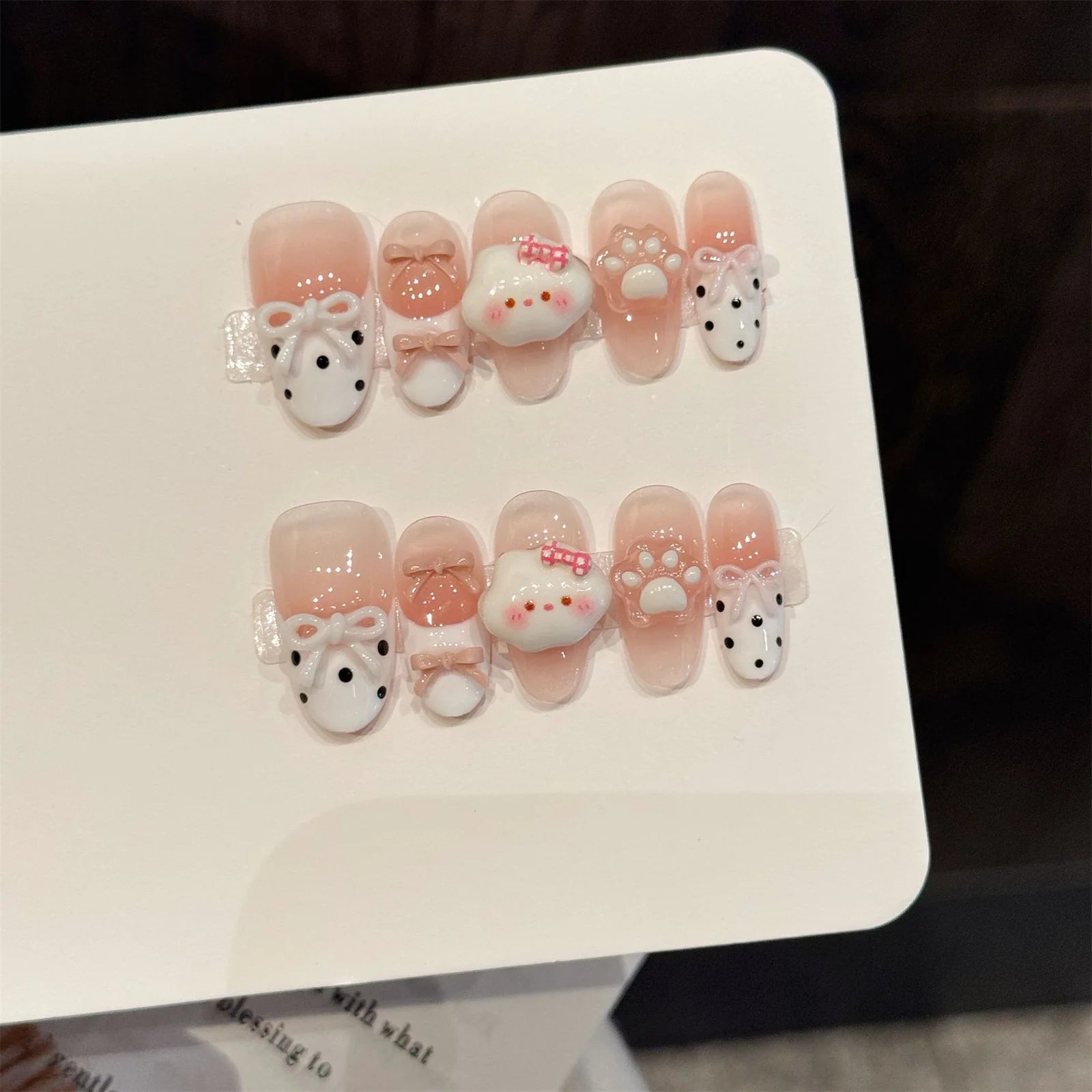 Handmade Press on Nails with Cute Bear Paw Design Light Blue Fake Nails Full Cover Wearable Sweet Korean Almond False Nail Tips