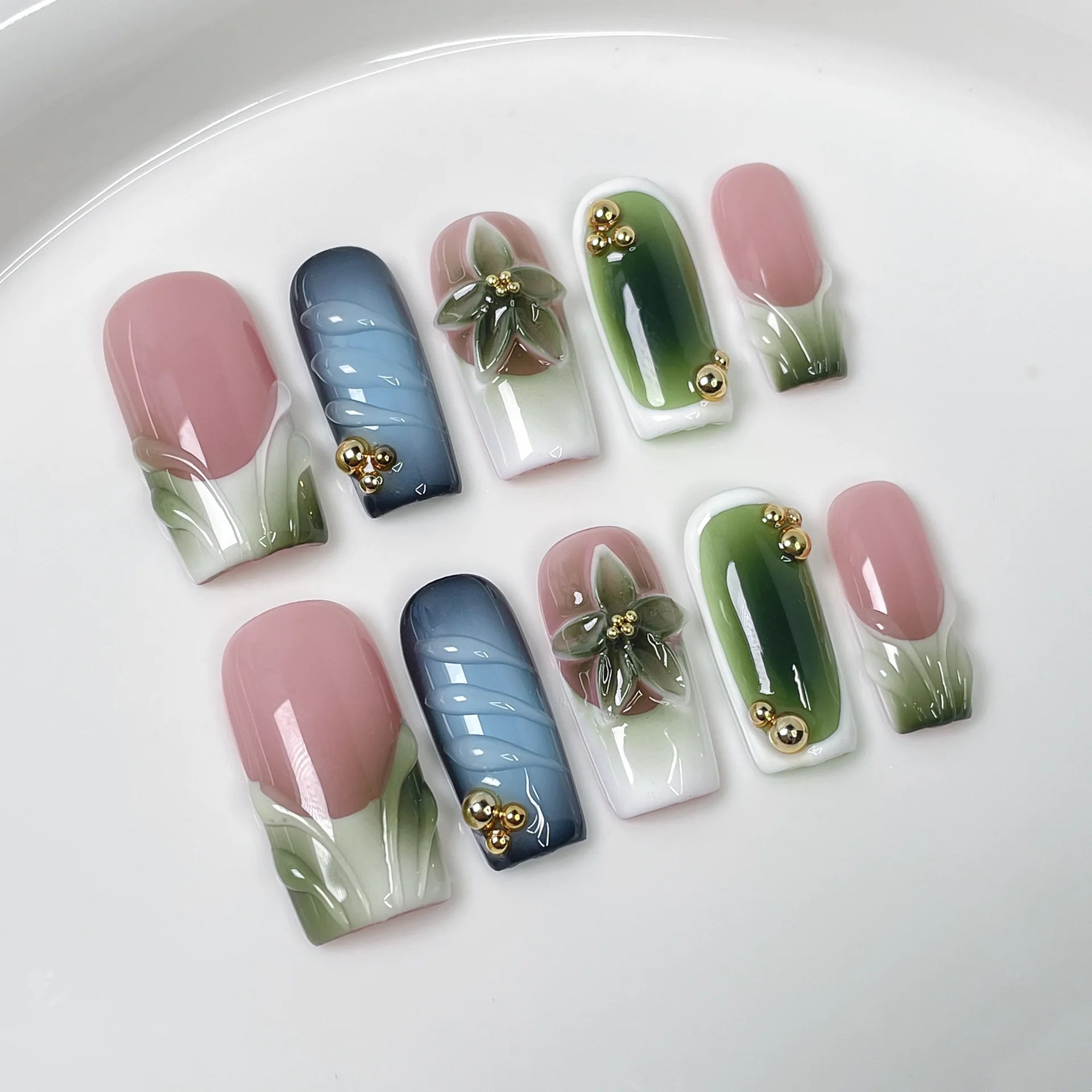 10Pcs 3D Green Flower Handmade Press on Nails French Fake Nails Wearable Stick-on Nails False Nail Uñas