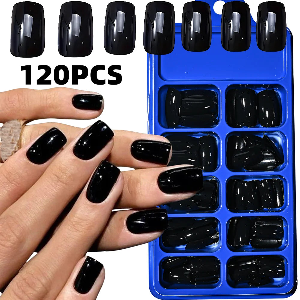 120Pcs Glossy Black Medium Square Fake Nails 12 Sizes Full Cover Press On Nail Solid False Fingertips for Women Daily Manicure