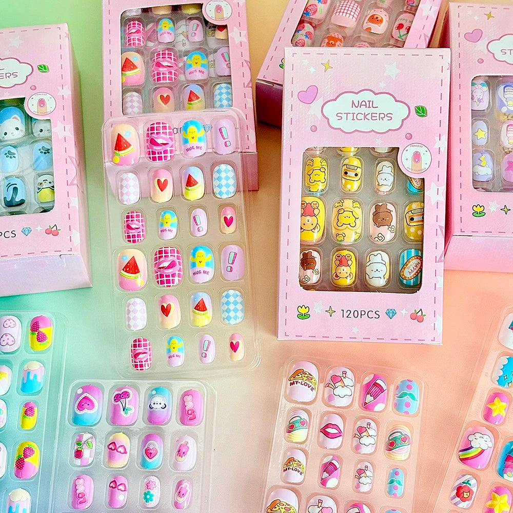 120pcs Cute Cartoon kids Fake Nails Colorful Bunnies/Bows/Fruits/Flowers False Nails Short Square Acrylic Full-Cover Press-On Nails *