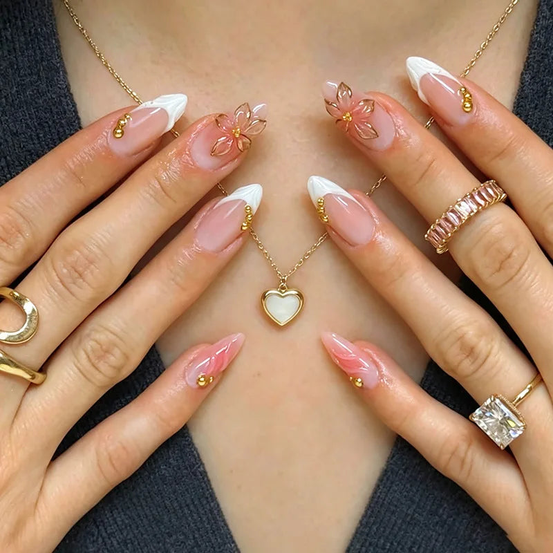 24pcs Pink Flower Almond Press on Nails Kawaii False Nails Wearable Stick-on Nails Fake Nail