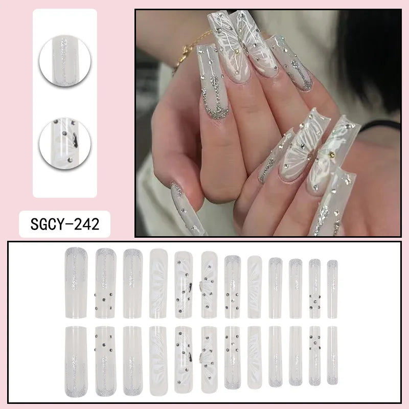 24 Pieces of Ultra Long Coffin Shaped press on nails French&gradient&flower Pattern 3D Butterfly Dot Diamond Glossy Fake Nails
