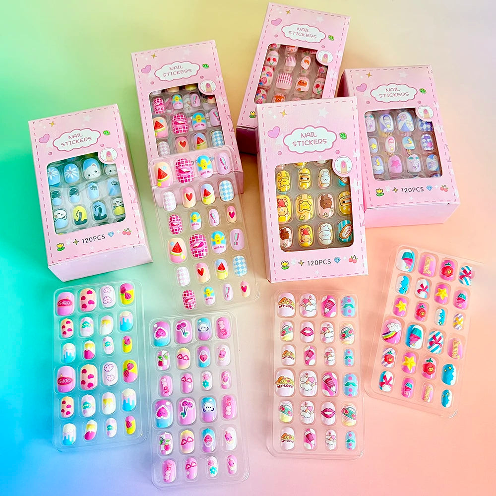 120pcs Cute Cartoon kids Fake Nails Colorful Bunnies/Bows/Fruits/Flowers False Nails Short Square Acrylic Full-Cover Press-On Nails *