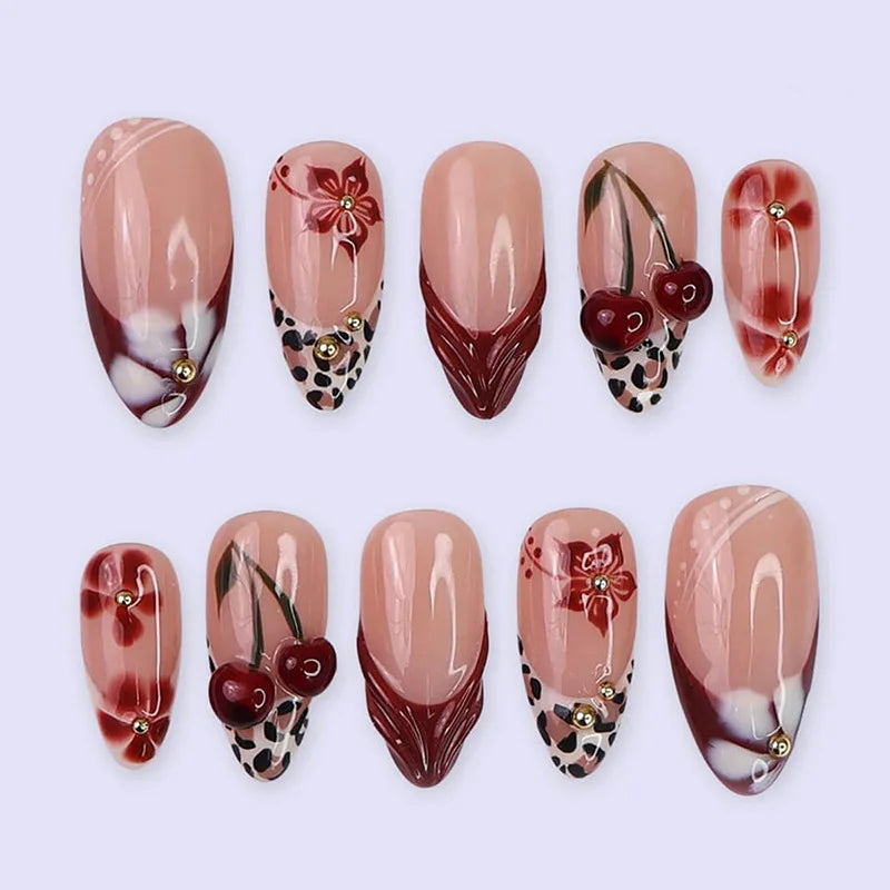 24pcs Pink Flower Almond Press on Nails Kawaii False Nails Wearable Stick-on Nails Fake Nail