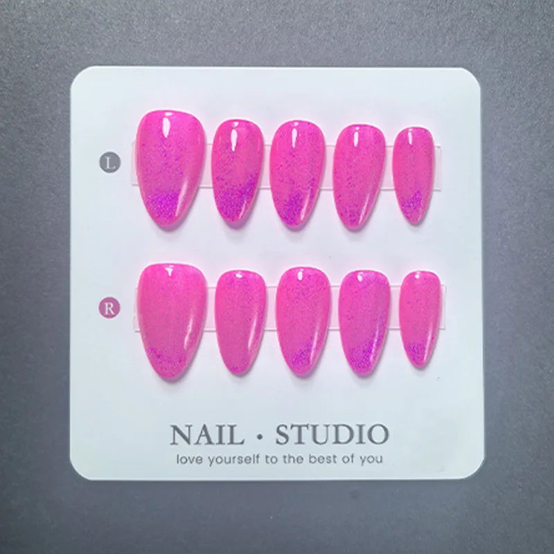 10pcs Almond Cat Eye Press on Nails Handmade Fuchsia Nude Pink Red Magnetic False Nails Glossy Manicure Set