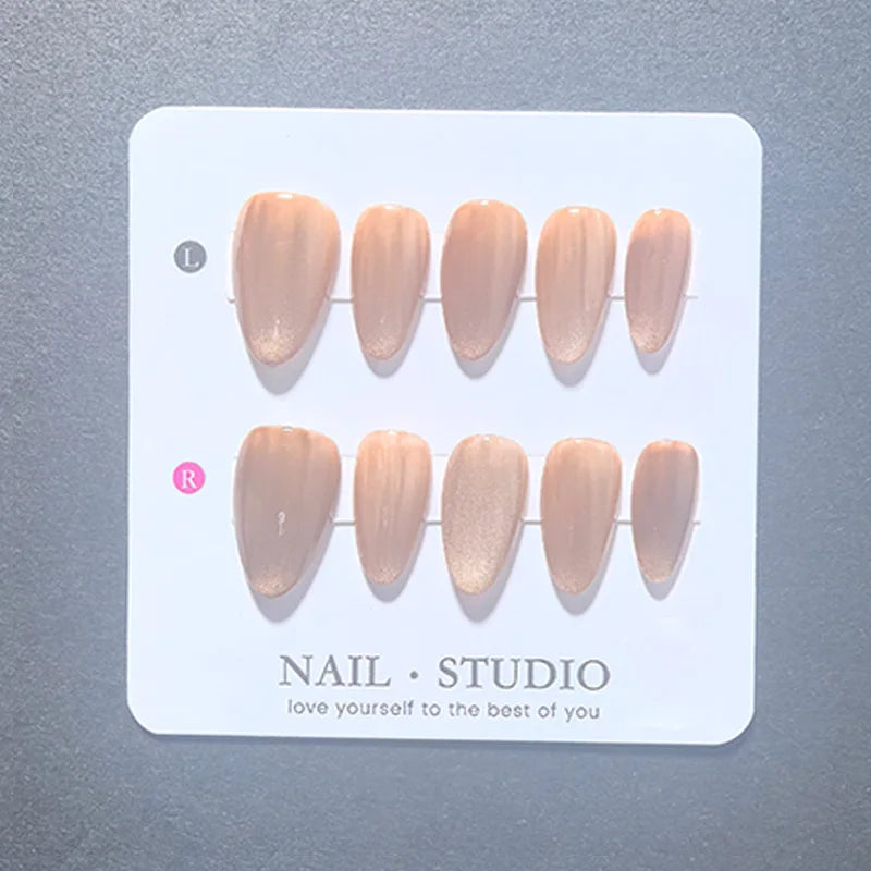 10pcs Almond Cat Eye Press on Nails Handmade Fuchsia Nude Pink Red Magnetic False Nails Glossy Manicure Set