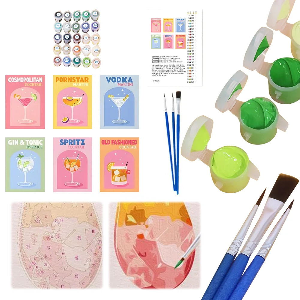 6 Pack Paint by Numbers Kit With Brush and Acrylic Paints Color Art Painting Cocktail Culture DIY Acrylic Oil Painting for Adult
