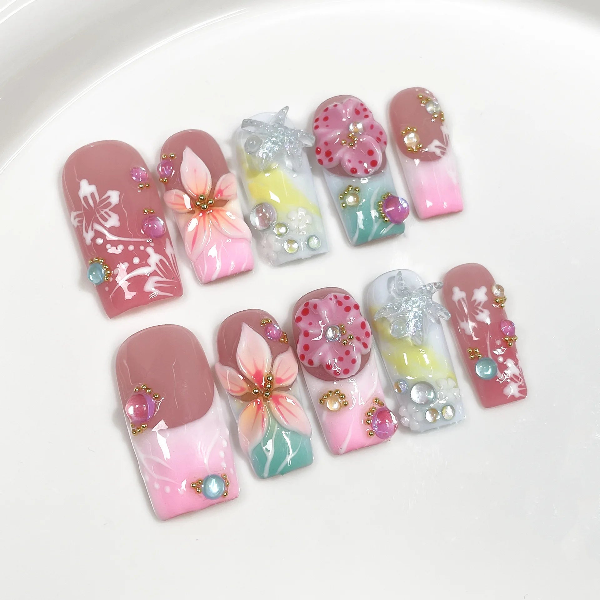 10Pcs 3D Green Flower Handmade Press on Nails French Fake Nails Wearable Stick-on Nails False Nail Uñas