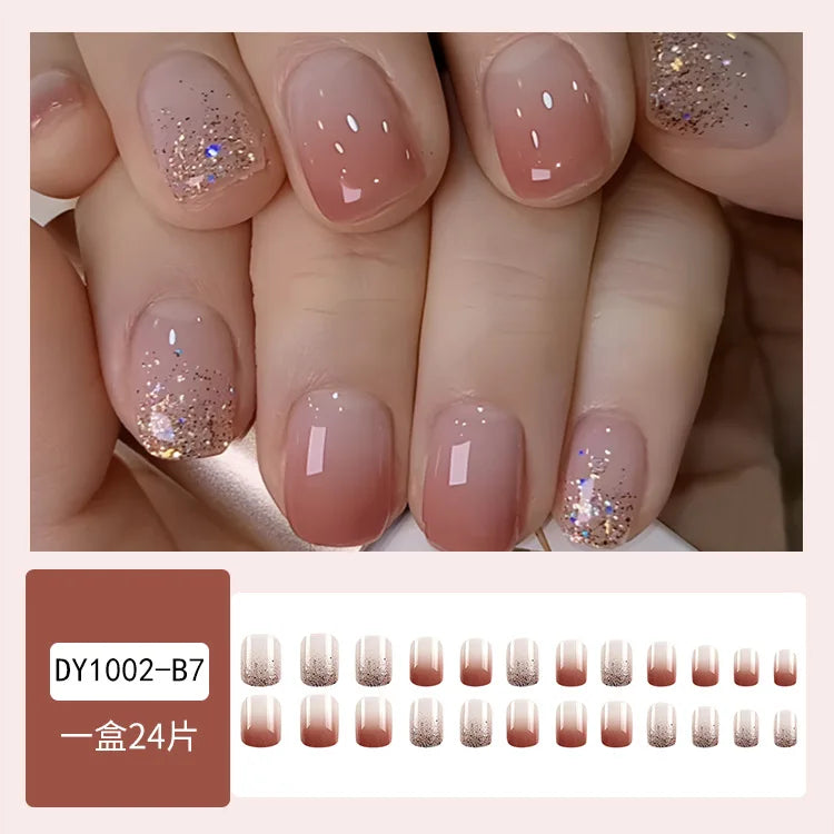 24 Pcs Fake Nails with Design False Nails Finger Wear Nail White French Glitter Square Medium Short Press on Nails for Gluing