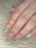 10 Pieces of Handmade Fake Nails with Blue French Tips, Golden Accents, Nude Shade - Minimalist, Stylish and High-End for Daily