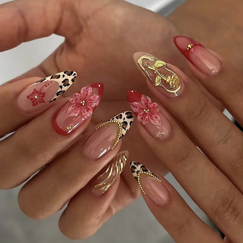 24pcs Pink Flower Almond Press on Nails Kawaii False Nails Wearable Stick-on Nails Fake Nail