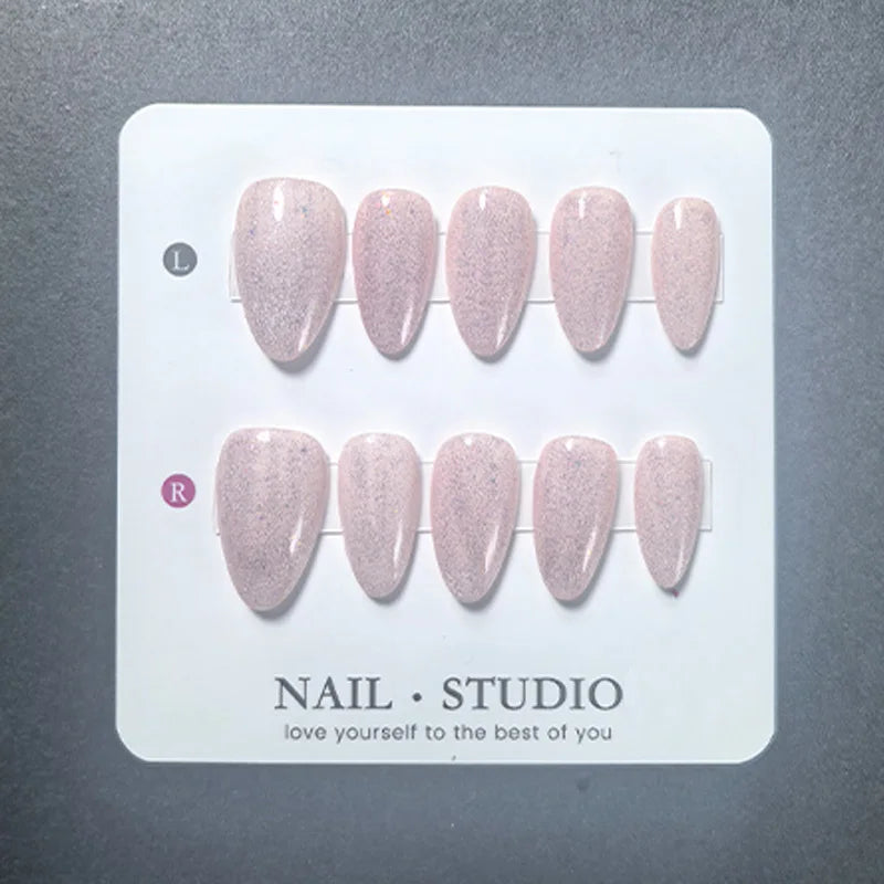 10pcs Almond Cat Eye Press on Nails Handmade Fuchsia Nude Pink Red Magnetic False Nails Glossy Manicure Set
