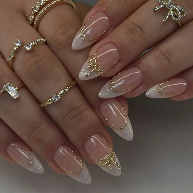 24pcs Pink Flower Almond Press on Nails Kawaii False Nails Wearable Stick-on Nails Fake Nail
