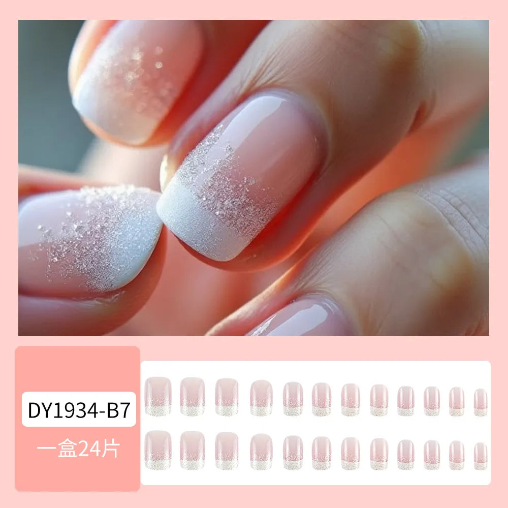 24 Pcs Fake Nails with Design False Nails Finger Wear Nail White French Glitter Square Medium Short Press on Nails for Gluing