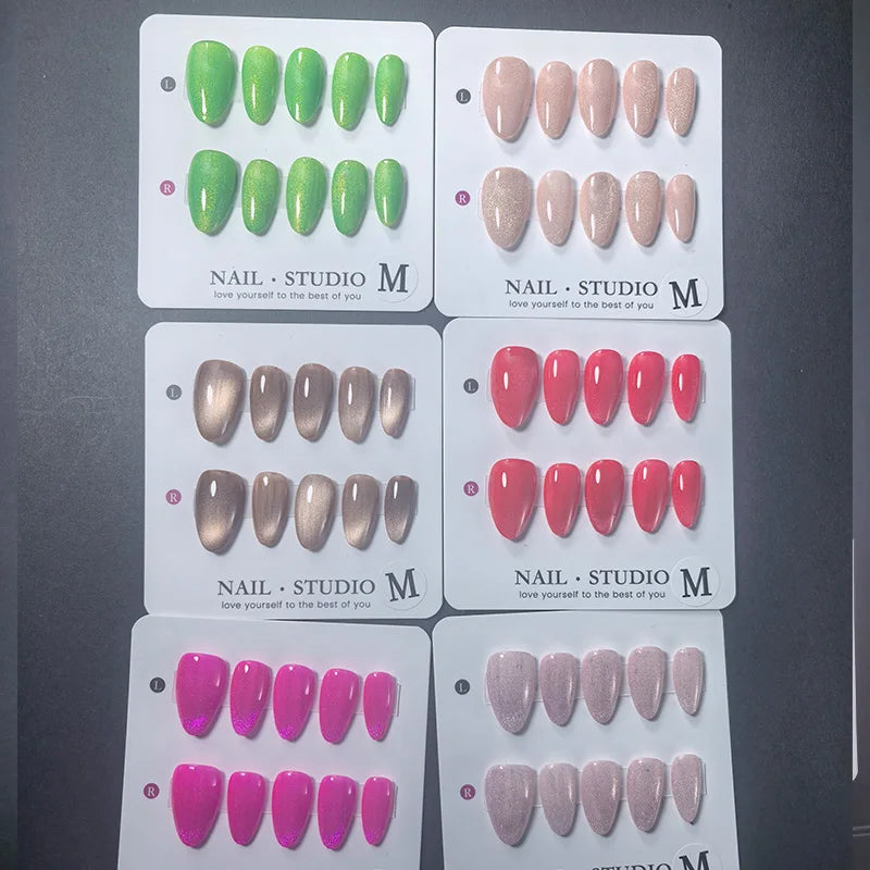 10pcs Almond Cat Eye Press on Nails Handmade Fuchsia Nude Pink Red Magnetic False Nails Glossy Manicure Set