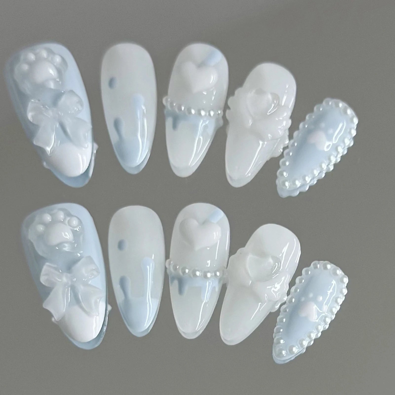 Handmade Press on Nails with Cute Bear Paw Design Light Blue Fake Nails Full Cover Wearable Sweet Korean Almond False Nail Tips