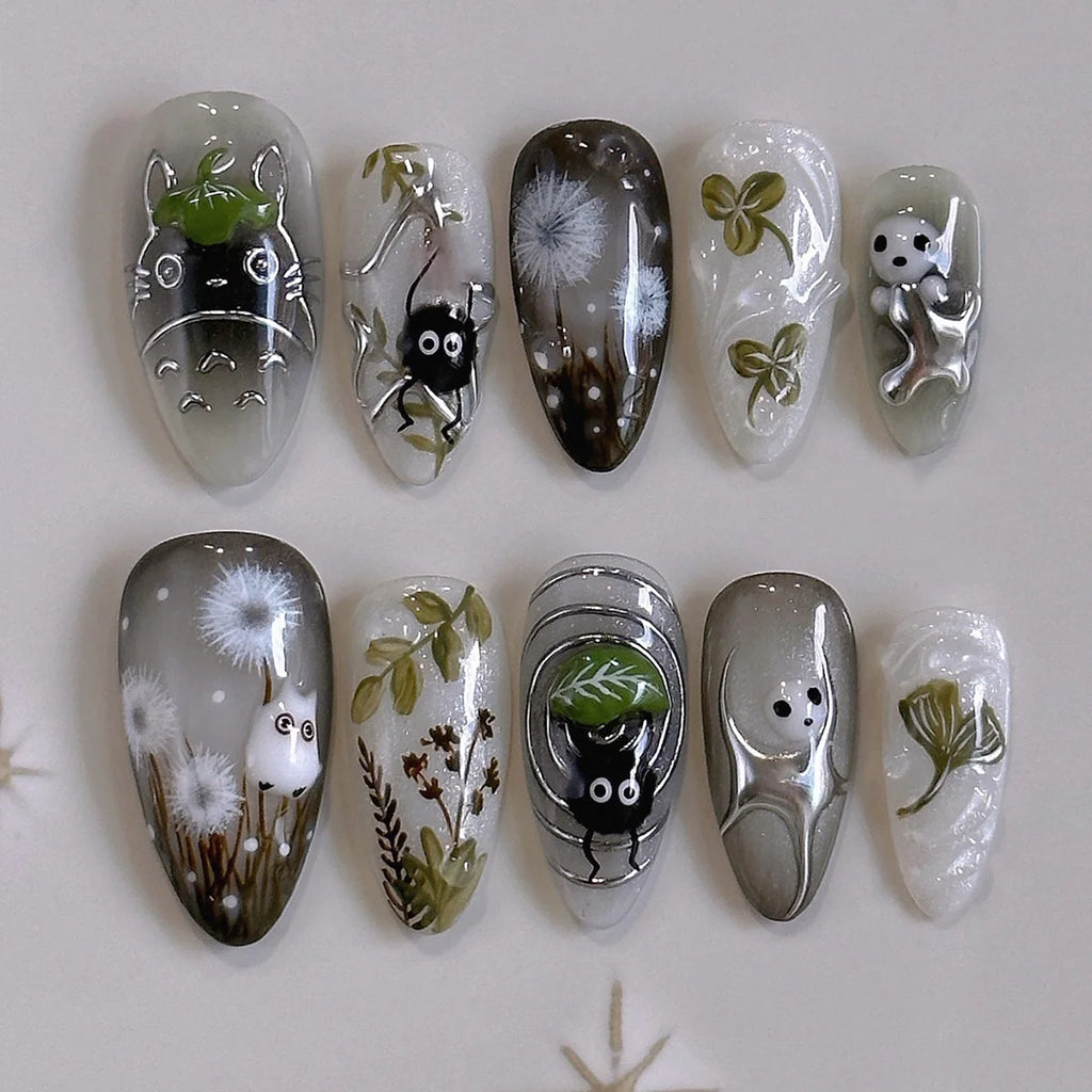 24pcs Gradient Black False Nails Cute Cartoon Cat's Eye Forest Elf Girl Press On Nails Glossy Almond Sweet Cool Fake Nail Tips