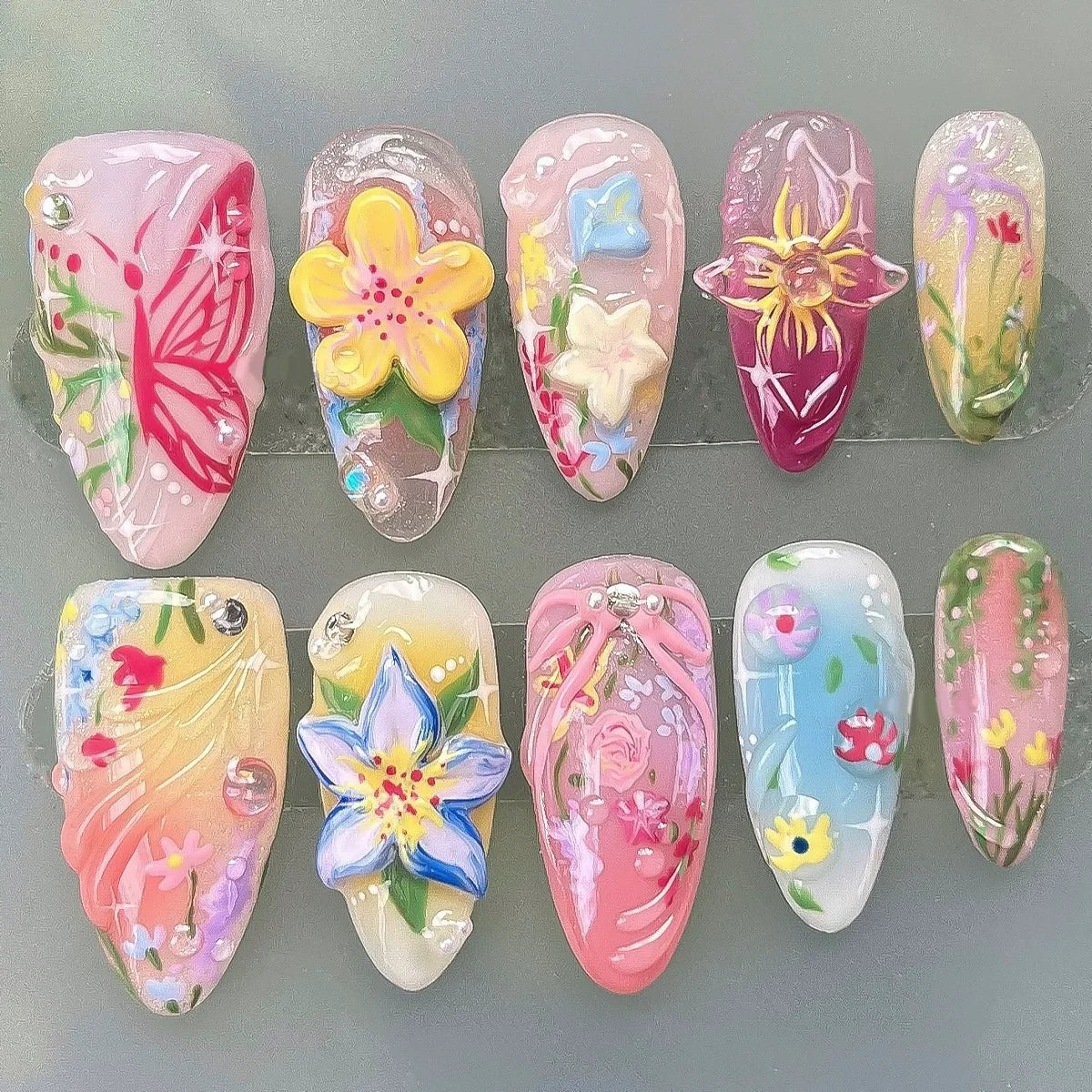 24pcs Pink Flower Almond Press on Nails Kawaii False Nails Wearable Stick-on Nails Fake Nail