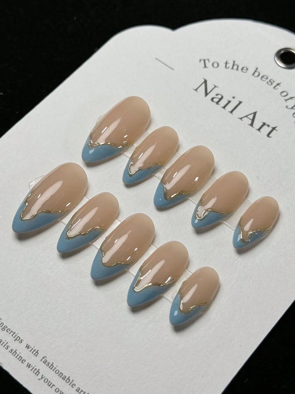 10 Pieces of Handmade Fake Nails with Blue French Tips, Golden Accents, Nude Shade - Minimalist, Stylish and High-End for Daily