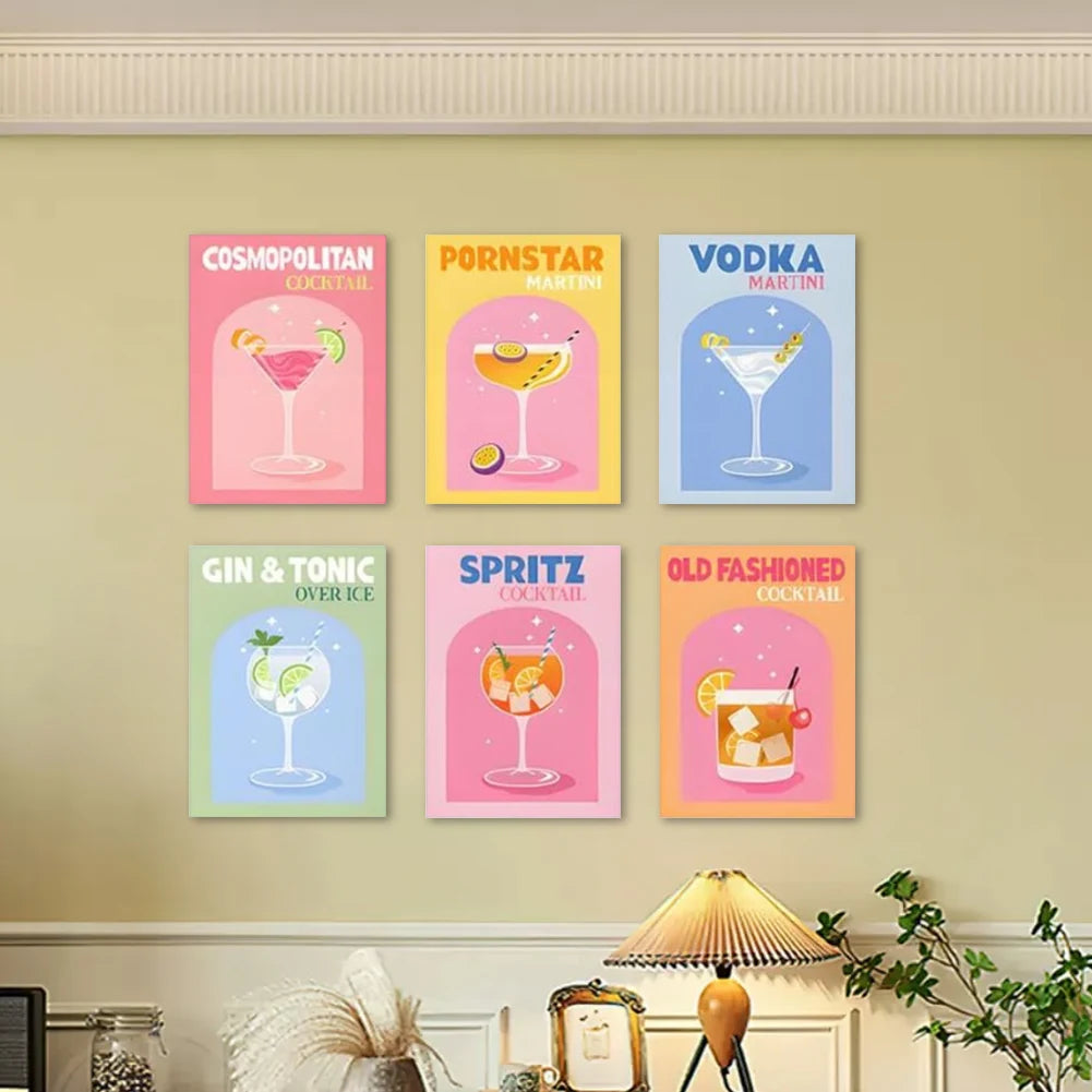 6 Pack Paint by Numbers Kit With Brush and Acrylic Paints Color Art Painting Cocktail Culture DIY Acrylic Oil Painting for Adult
