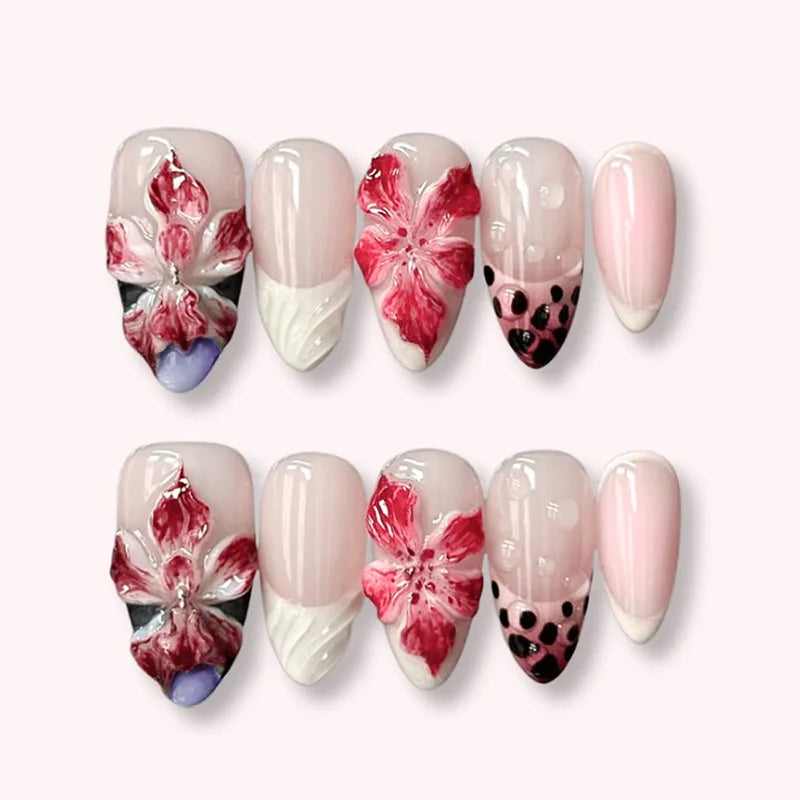 24pcs Pink Flower Almond Press on Nails Kawaii False Nails Wearable Stick-on Nails Fake Nail
