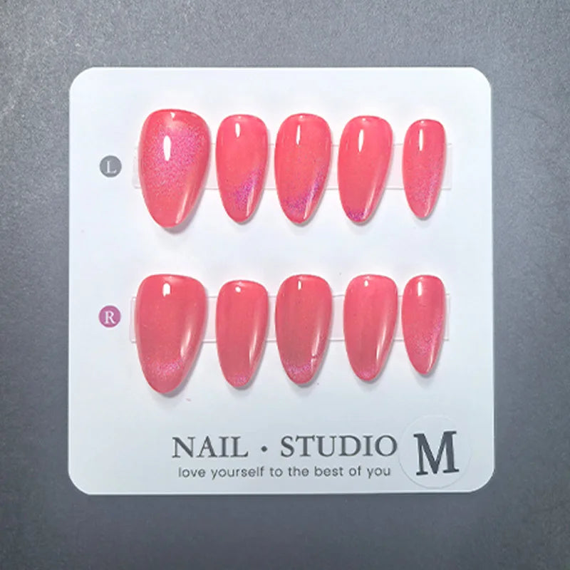 10pcs Almond Cat Eye Press on Nails Handmade Fuchsia Nude Pink Red Magnetic False Nails Glossy Manicure Set