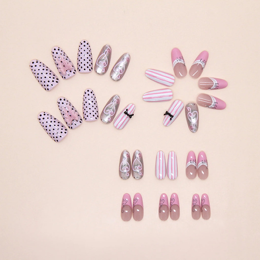 30Pcs French Cat-Eye Fake Nails Lace Music Notes Vine Bowknot Polka Dot Fake Nails Wearable Full Cover Nails Tips False Nails