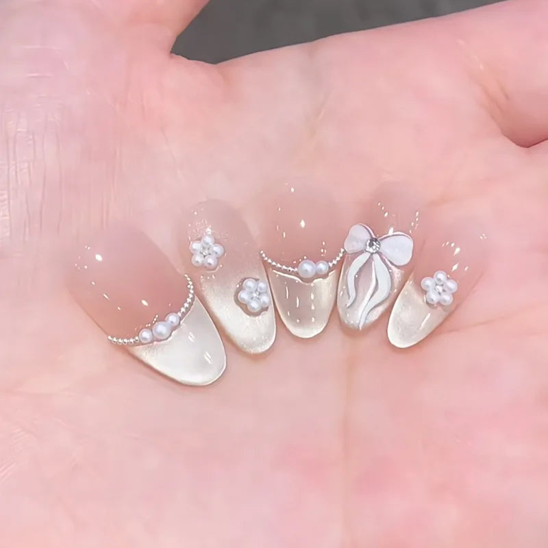 24pcs Pink Flower Almond Press on Nails Kawaii False Nails Wearable Stick-on Nails Fake Nail