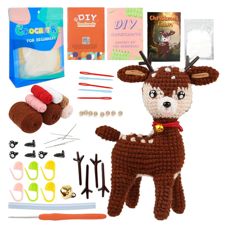 Crochet Animal Kit for Beginners With Video Tutorial Cotton Knitting Yarn Thread Needles Hook Knit Tool Set DIY Craft