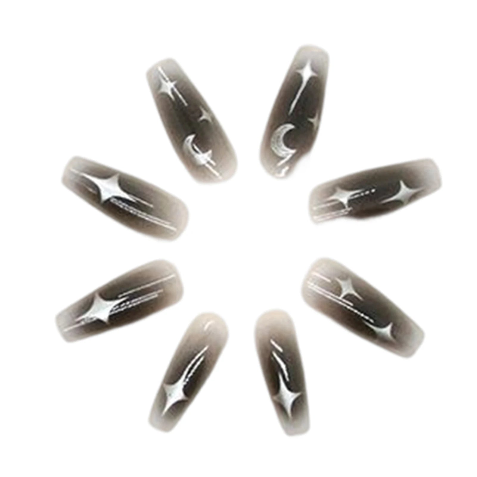 24pcs Y2k Star Press On Nails Gradient Black Mid-length Coffin False Nail Tips Full Cover Moon Designs Fake Nail For Cool Girls