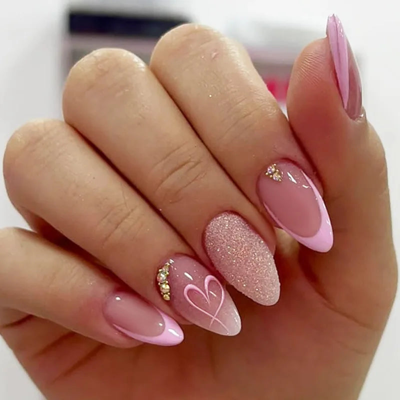 24pcs Pink Flower Almond Press on Nails Kawaii False Nails Wearable Stick-on Nails Fake Nail