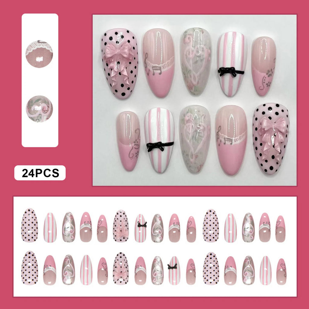 30Pcs French Cat-Eye Fake Nails Lace Music Notes Vine Bowknot Polka Dot Fake Nails Wearable Full Cover Nails Tips False Nails