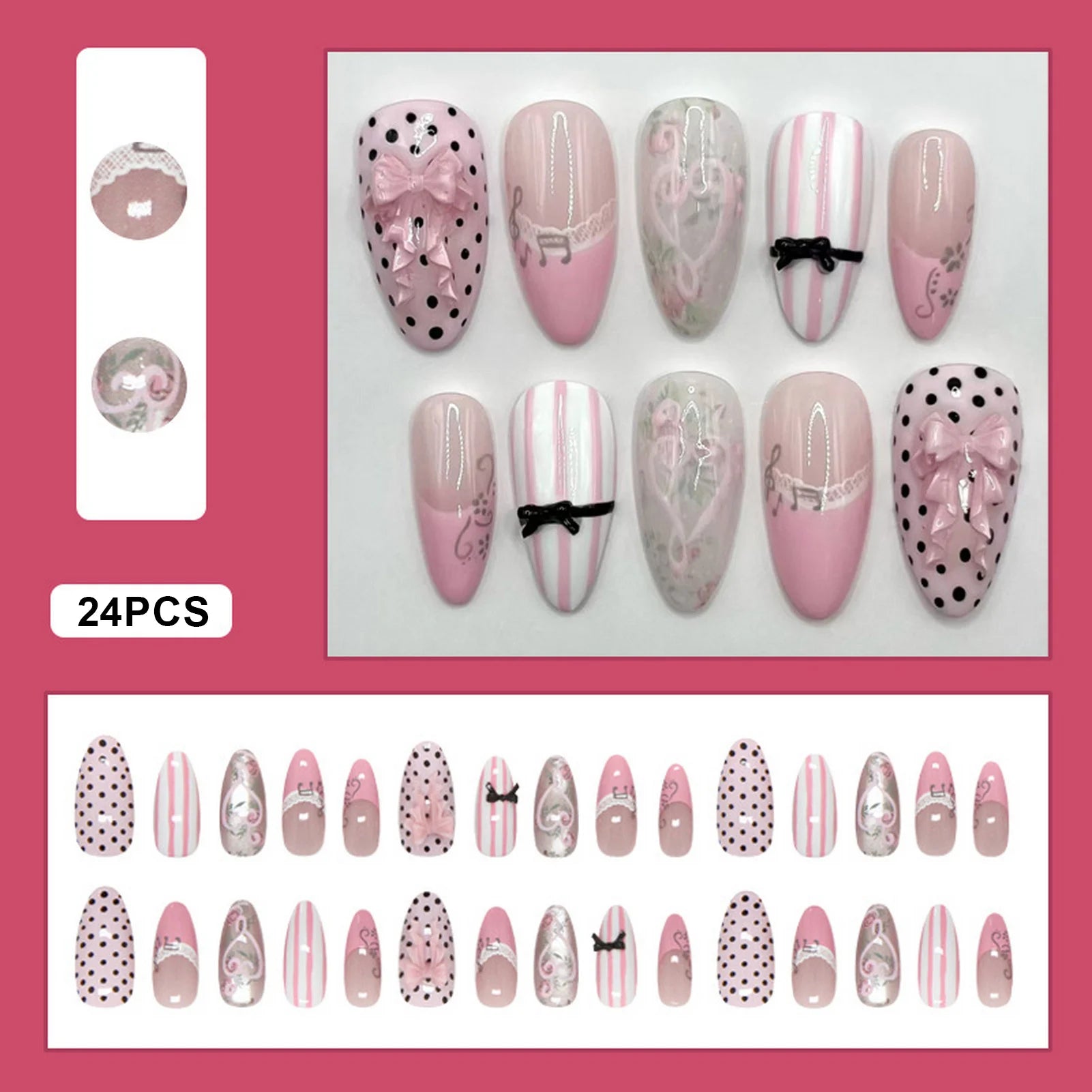 30Pcs French Cat-Eye Fake Nails Lace Music Notes Vine Bowknot Polka Dot Fake Nails Wearable Full Cover Nails Tips False Nails