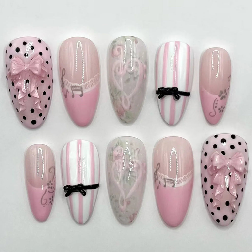 30Pcs French Cat-Eye Fake Nails Lace Music Notes Vine Bowknot Polka Dot Fake Nails Wearable Full Cover Nails Tips False Nails