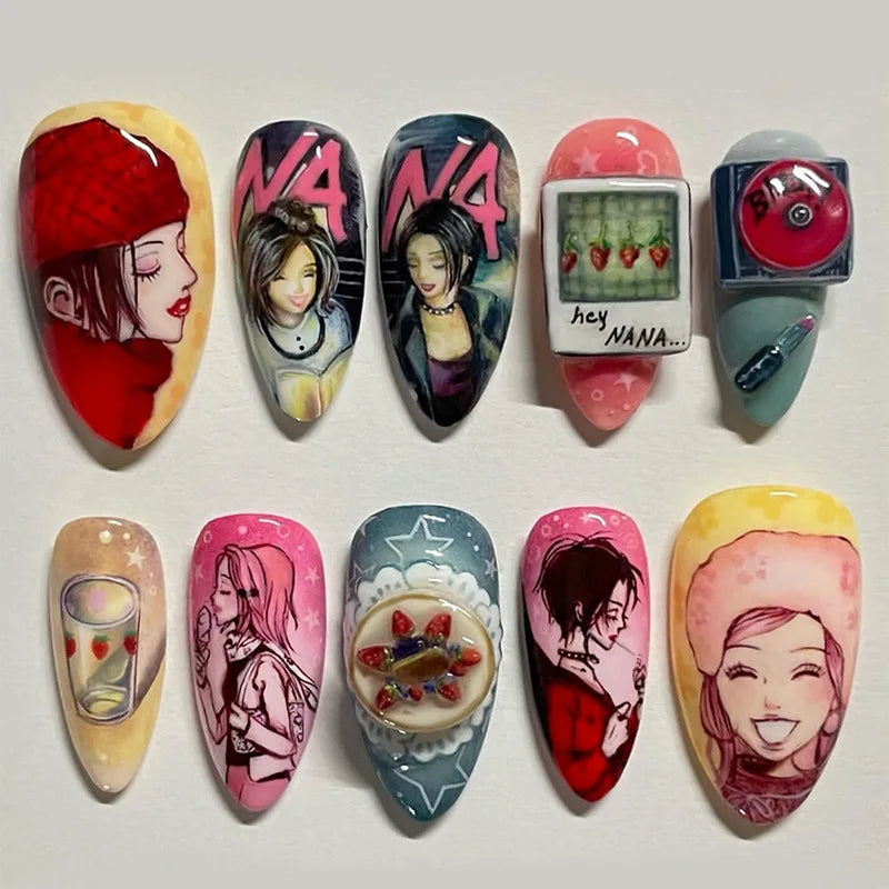 24pcs Long Almond Press on Nails Anime Pattern Full Cover Nail Tips Ornament for Girls Colorful False Nails Wearable Fake Nail