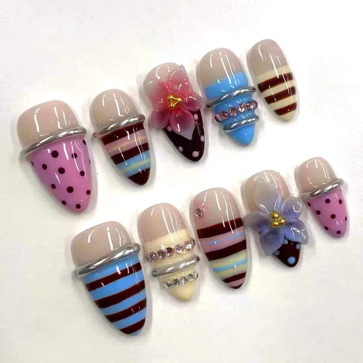 24pcs Pink Flower Almond Press on Nails Kawaii False Nails Wearable Stick-on Nails Fake Nail