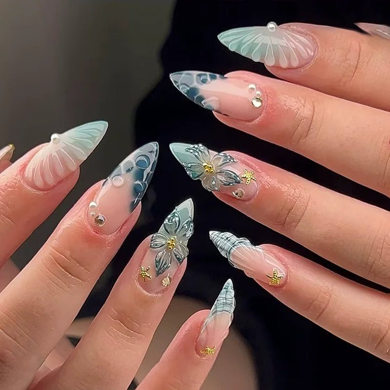 24pcs Pink Flower Almond Press on Nails Kawaii False Nails Wearable Stick-on Nails Fake Nail