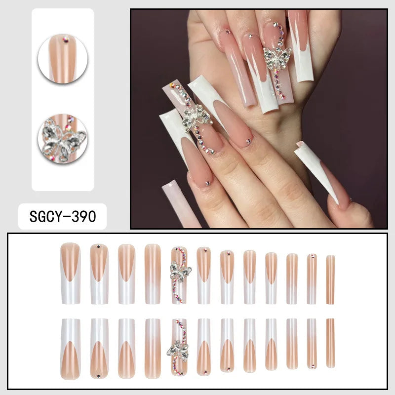 24 Pieces of Ultra Long Coffin Shaped press on nails French&gradient&flower Pattern 3D Butterfly Dot Diamond Glossy Fake Nails